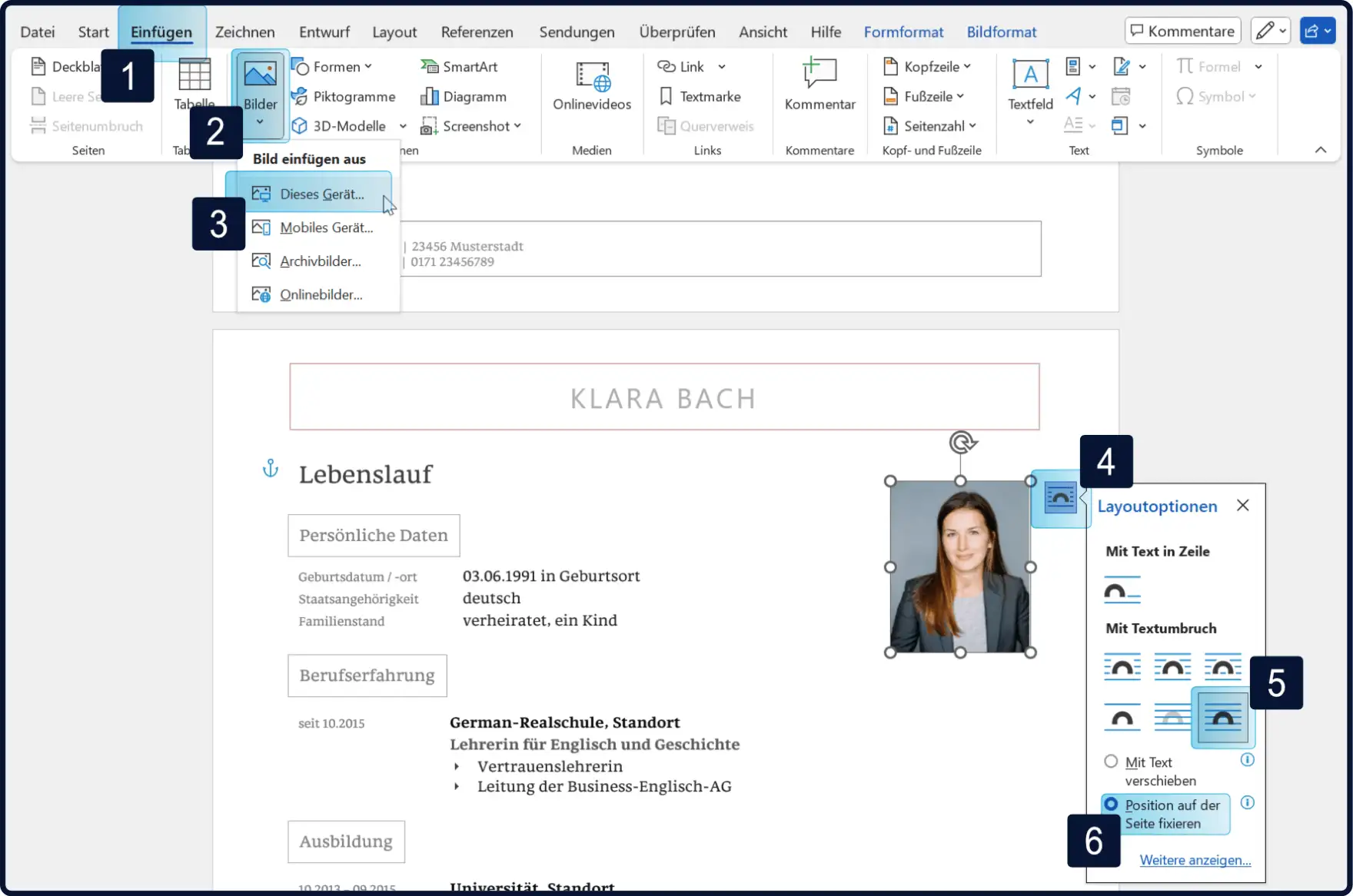 Lebenslauf Foto einfügen in Word: Anleitung