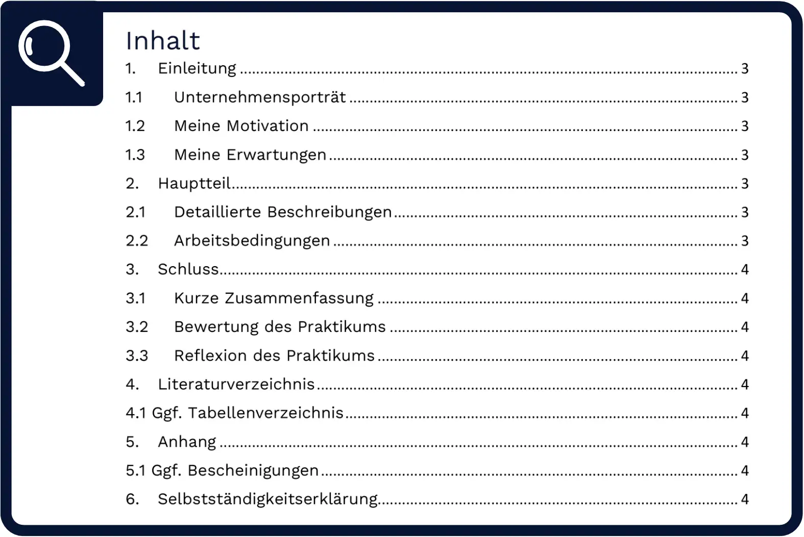 Inhaltsverzeichnis des Praktikumsberichts