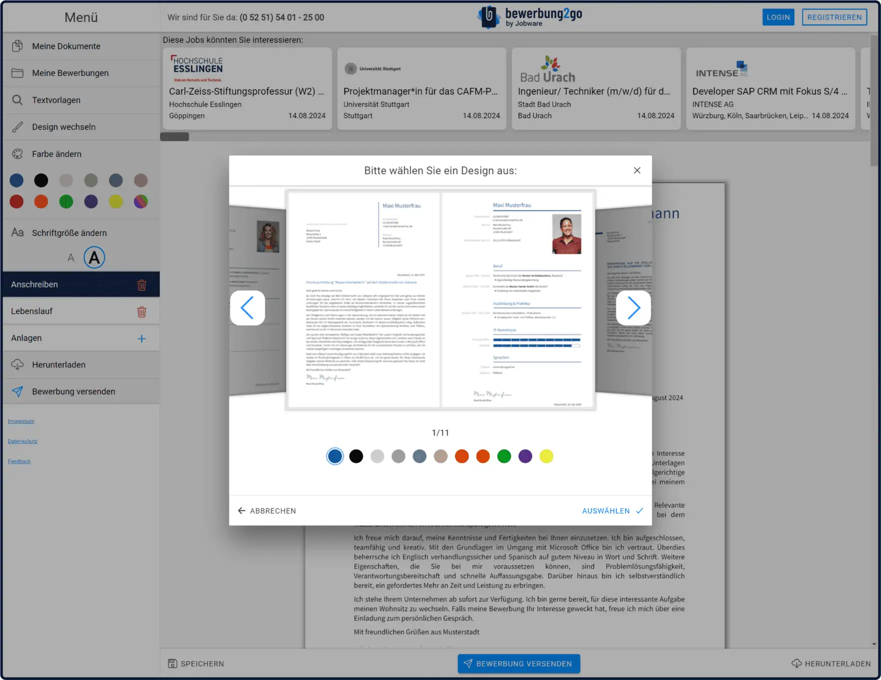 Bewerbung2go - Login und Registrierung erfolgen auf der Hauptseite des Editors