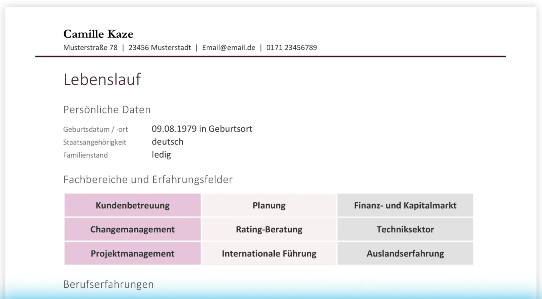 Persönliche Daten im Lebenslauf - Beispiel