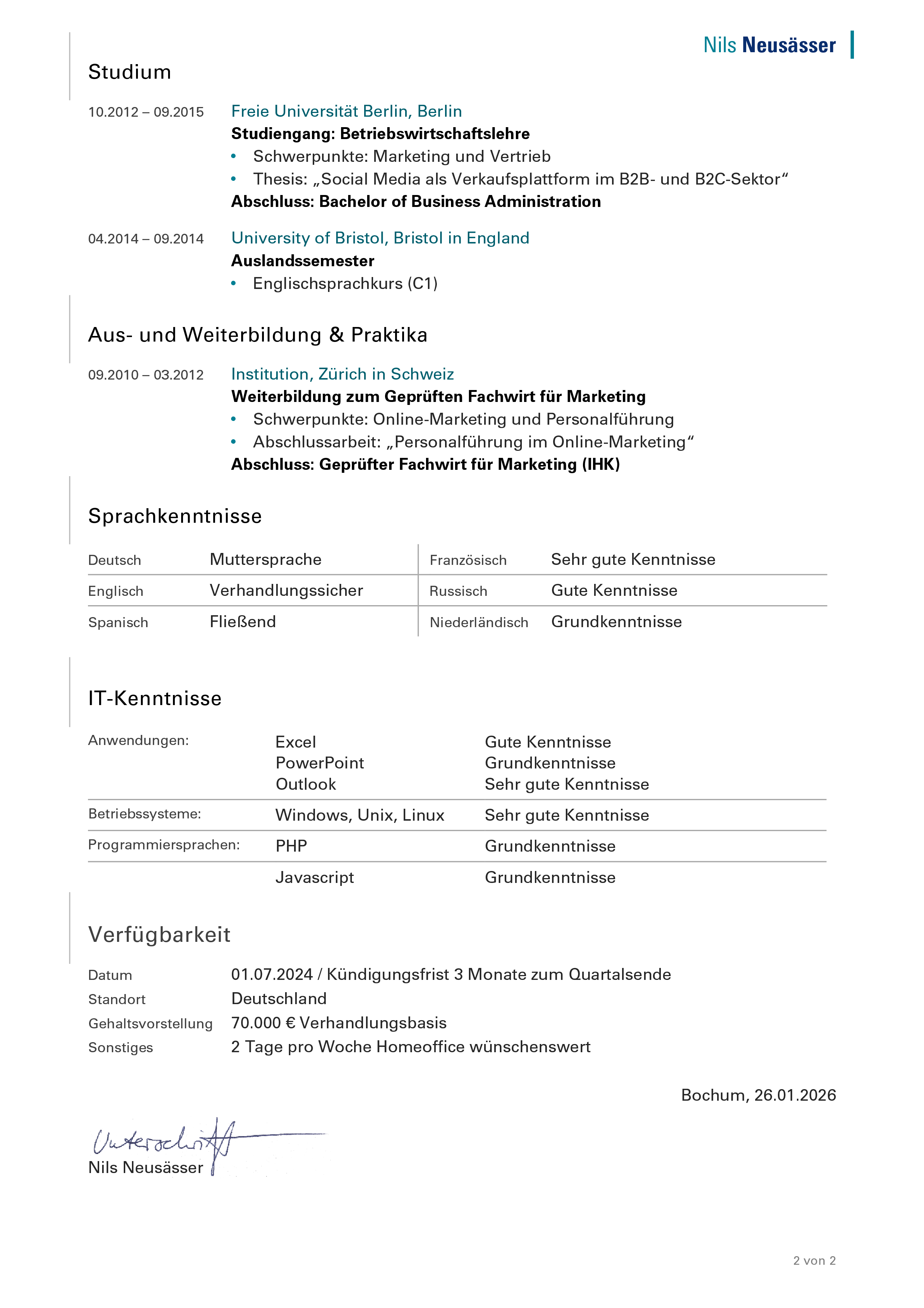 Erweiterter Lebenslauf mit Bildungsweg in der Bewerbung ohne Anschreiben